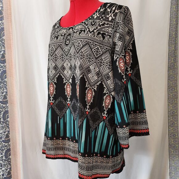CATO Black Print Lightweight Tunic Boho Peasant Blouse Size M - Picture 2 of 4